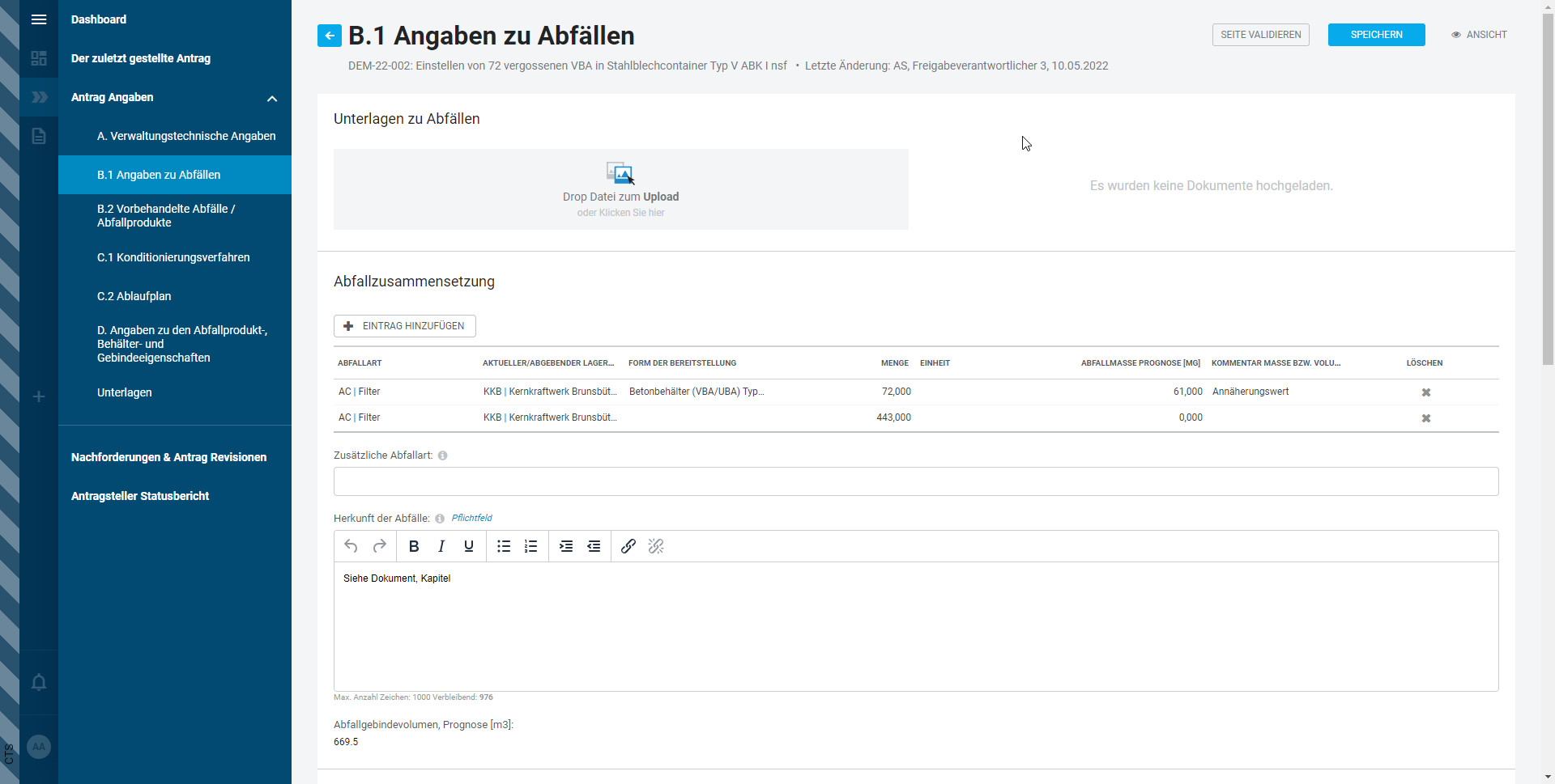NWL Plattform - Antrag auf Qualifiziertes Verfahren - Seite 'Angaben zu Abfällen' NWL Plattform - Antrag auf Qualifiziertes Verfahren - Seite 'Angaben zu Abfällen'
